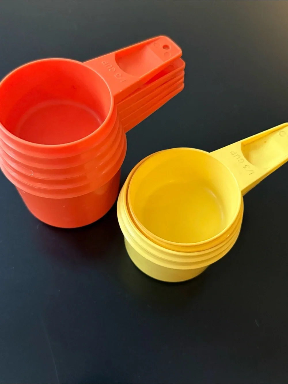 Set of 8 Vintage Tupperware Stackable Measuring Cups, Yellow and Orange
